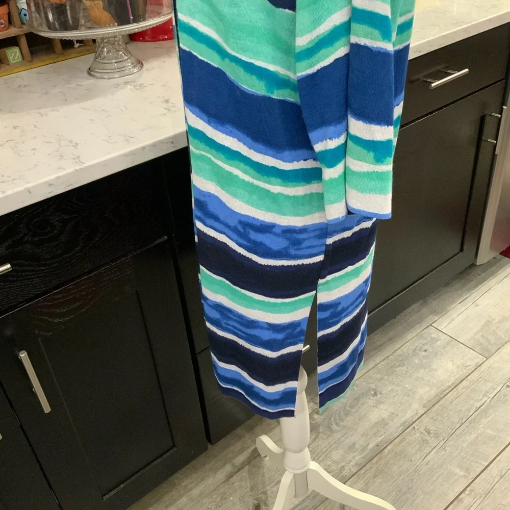 Chico's Striped Open-Front Cardigan in Blue, Teal, Navy